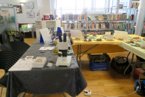 Loupe, livres, documents pour aider à expliquer et, en fond, des panneaux posés par la médiathèque ; ©Photo Gérard Rivet