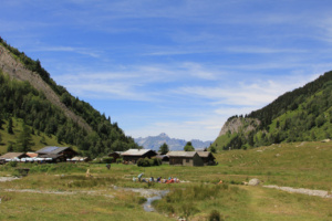 Le groupe aux Chalets, au loin la Pointe percée ; Chalets de Miage (Saint-Gervais-les-Bains, 74) ; ©Photo Charline Blanc